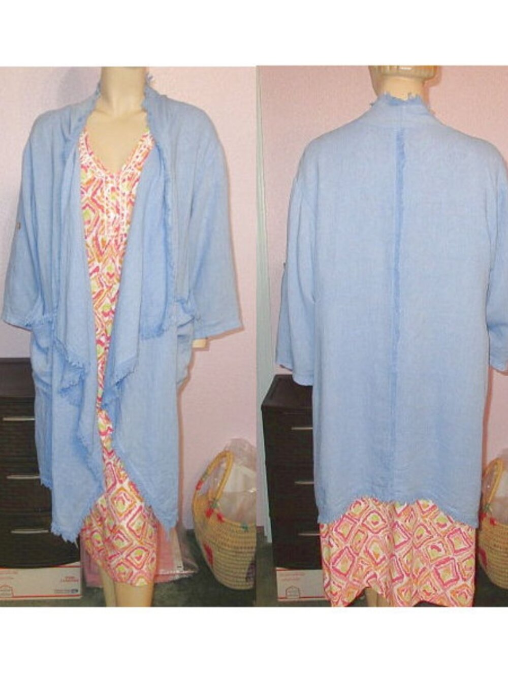 Italian 100% Linen Longline Duster Jacket OS Pockets Gauze Long Oversized Fringe